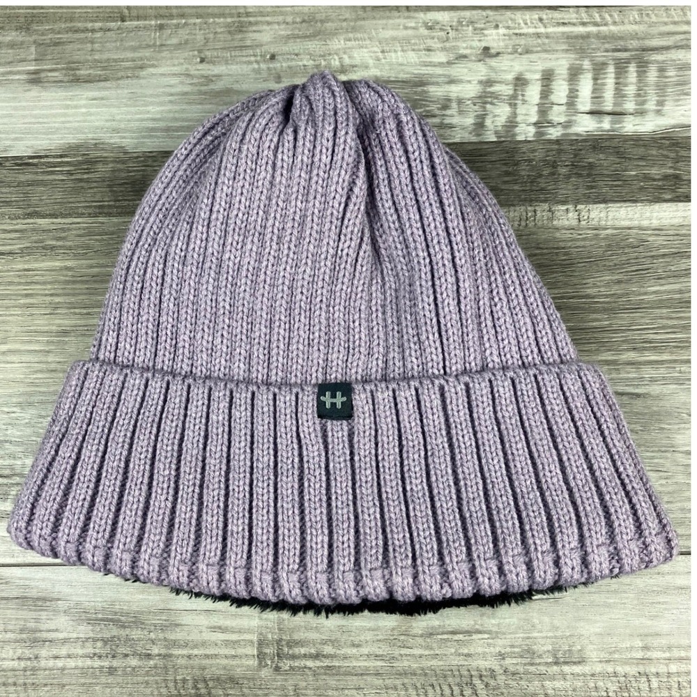 Hot Paws Lavender Purple Ribbed Knit Beanie Faux Fur Fleece Lined Winter Hat OS